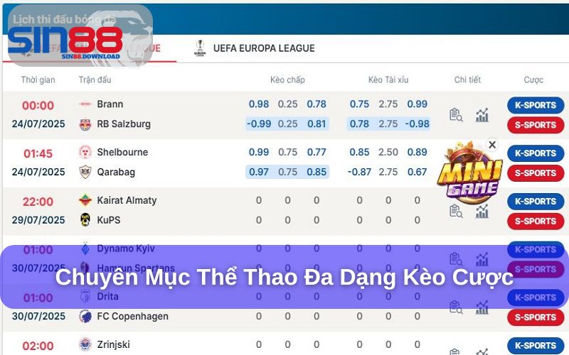 Đa dạng kèo cược tại Sin88